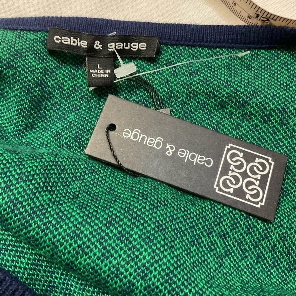 Cable & Gauge Green Navy Textured Knit Tunic Sweater Lace-Up Neck Size L NWT